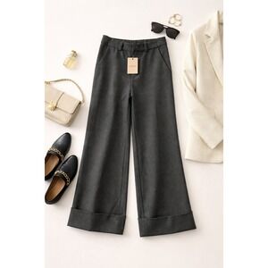 SHEINBAE Women Charcoal Grey Wide Leg Cuffed Tailored Pants Size S